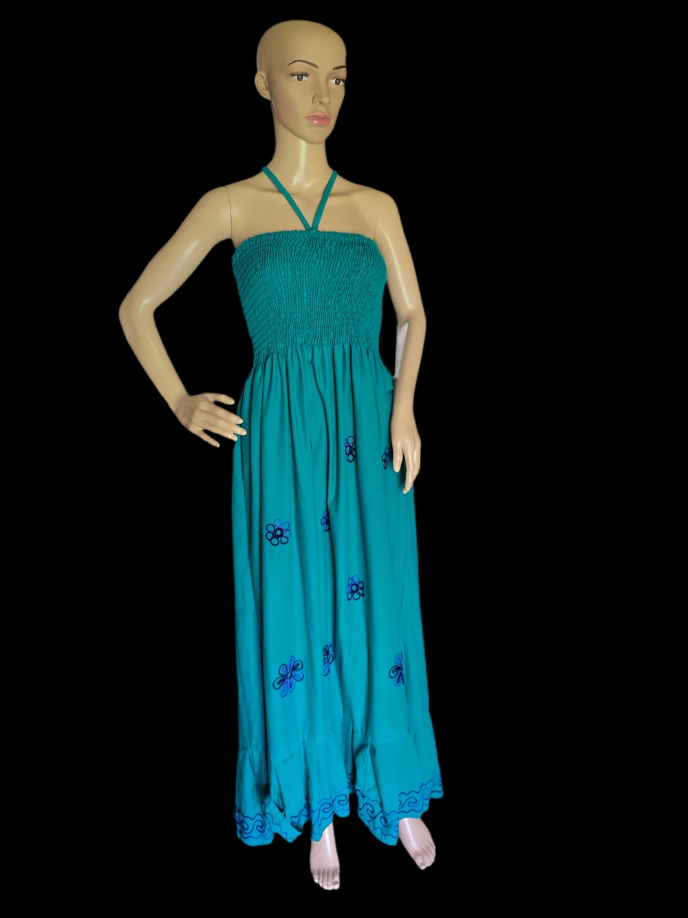 Teal Halter Smocked Maxi Dress with Embroidered Accents
